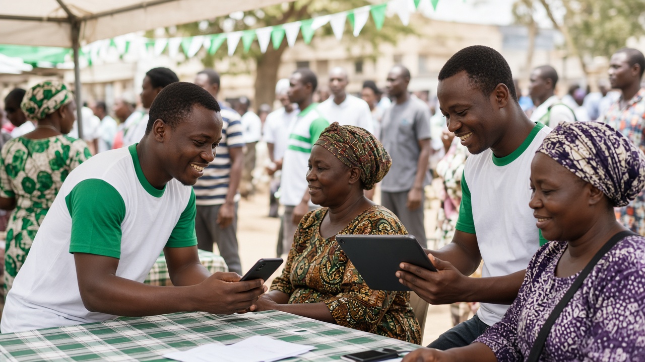 Volunteers helping community members register on the platform